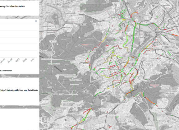 Cape Reviso: Überholabstände Stuttgart Visualisierung Projekt Cape Reviso: Mit dem OpenBikeSensor gemessene Überholabstände in Stuttgart mit Legende.